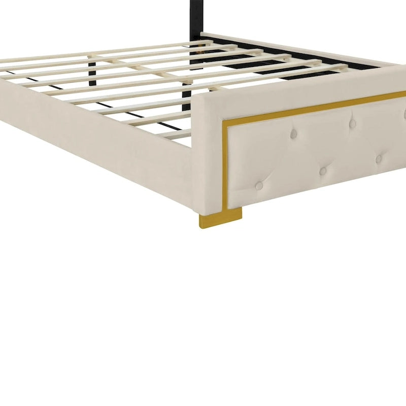 Letto imbottito con piattaforma, testiera capitonné, Queen, Beige / Nero / Grigio