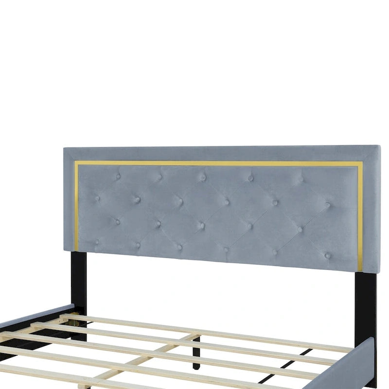 Letto imbottito con piattaforma, testiera capitonné, Queen, Beige / Nero / Grigio