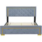 Letto imbottito con piattaforma, testiera capitonné, Queen, Beige / Nero / Grigio