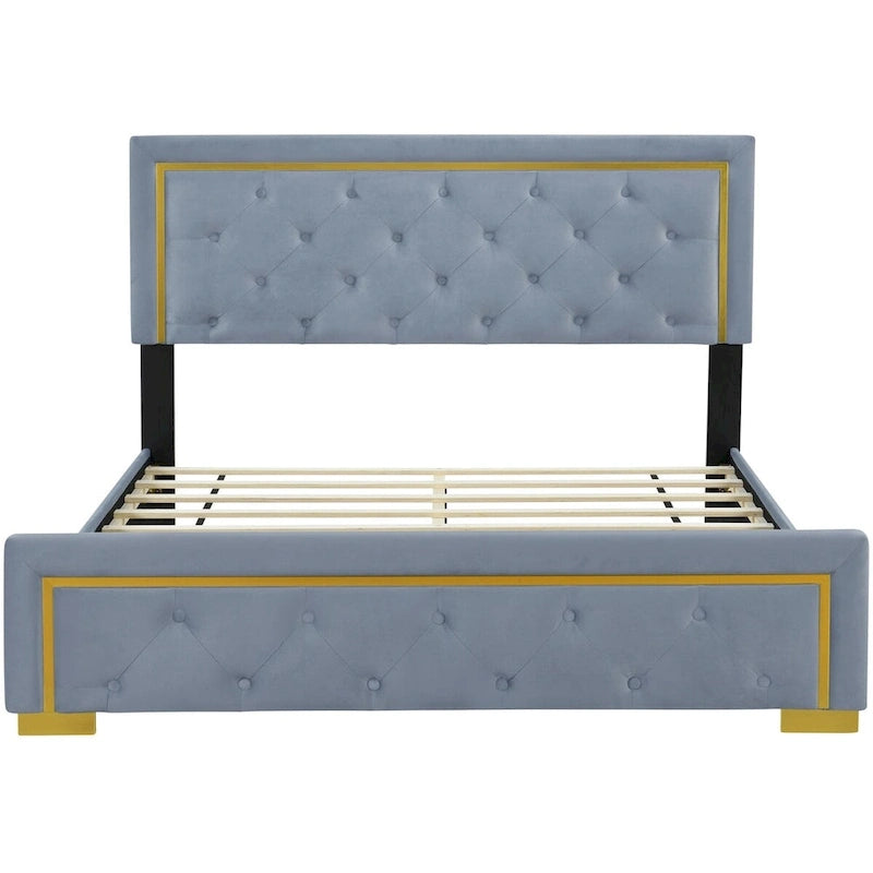 Letto imbottito con piattaforma, testiera capitonné, Queen, Beige / Nero / Grigio