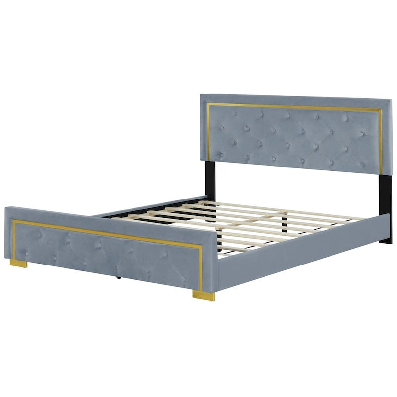 Letto imbottito con piattaforma, testiera capitonné, Queen, Beige / Nero / Grigio