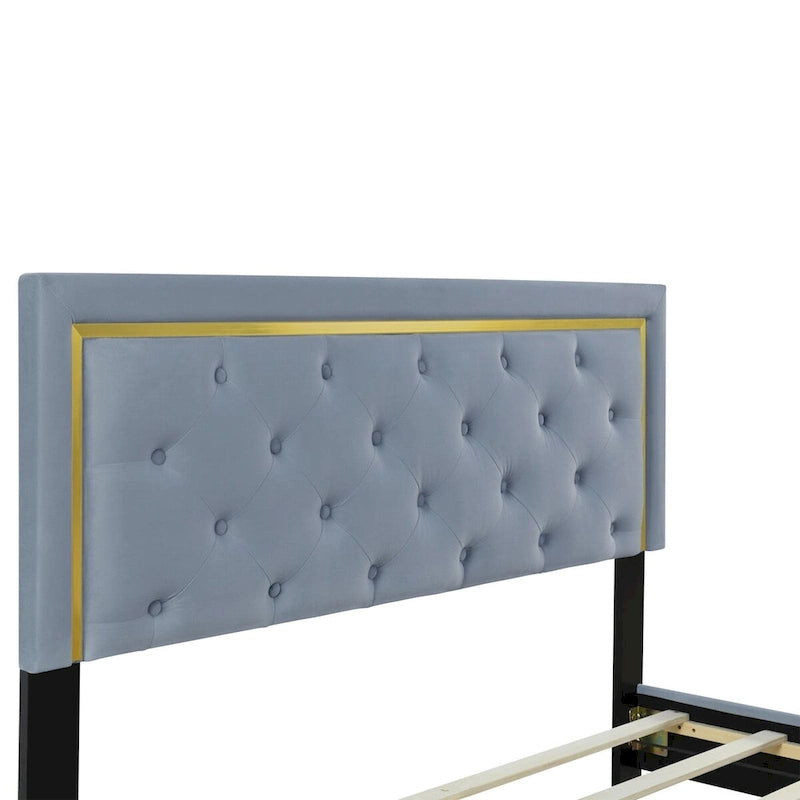 Letto imbottito con piattaforma, testiera capitonné, Queen, Beige / Nero / Grigio