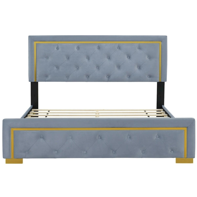 Letto imbottito con piattaforma, testiera capitonné, Queen, Beige / Nero / Grigio