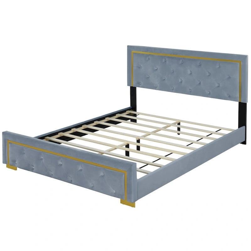 Letto imbottito con piattaforma, testiera capitonné, Queen, Beige / Nero / Grigio