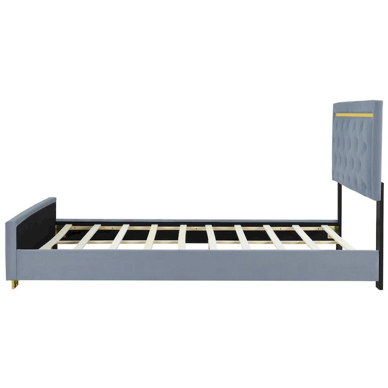 Letto imbottito con piattaforma, testiera capitonné, Queen, Beige / Nero / Grigio